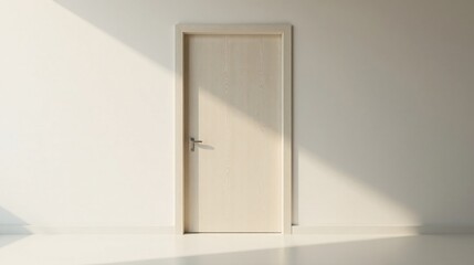 Light streams through a minimalist interior, illuminating a single, closed light wood door in a seamless wall