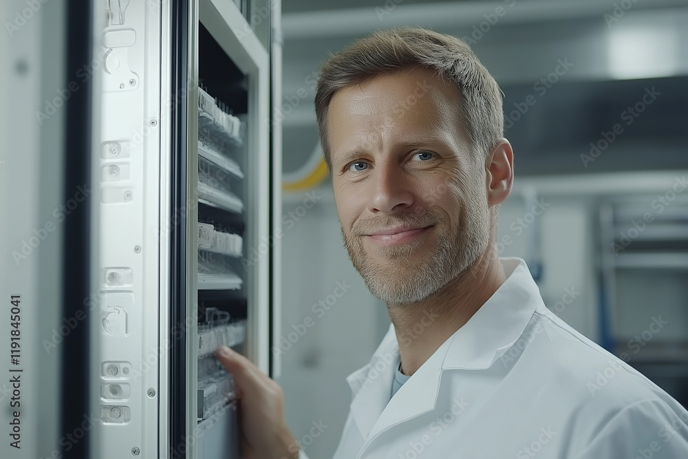 Poster smiling technician working in a high-tech laboratory with equipment