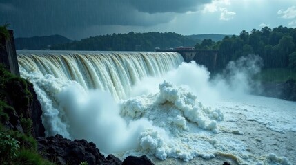 Fototapeta premium A Majestic Waterfall Cascading Down a Dam During a Powerful Rainstorm