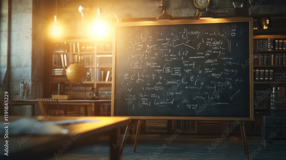 Poster chalkboard filled with equations in a dimly lit study.