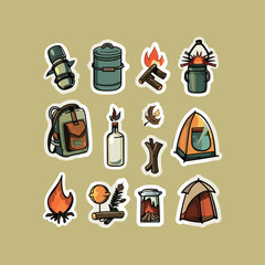 collection of cute vector camping equipment stickers