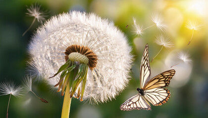 white dandelion and butterfly closeup with seeds blowing away in the wind