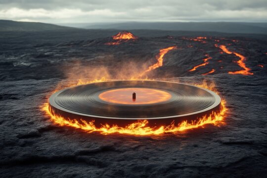 Volcanic eruption action scene lava flowing vinyl record dramatic landscape aerial view nature meets music