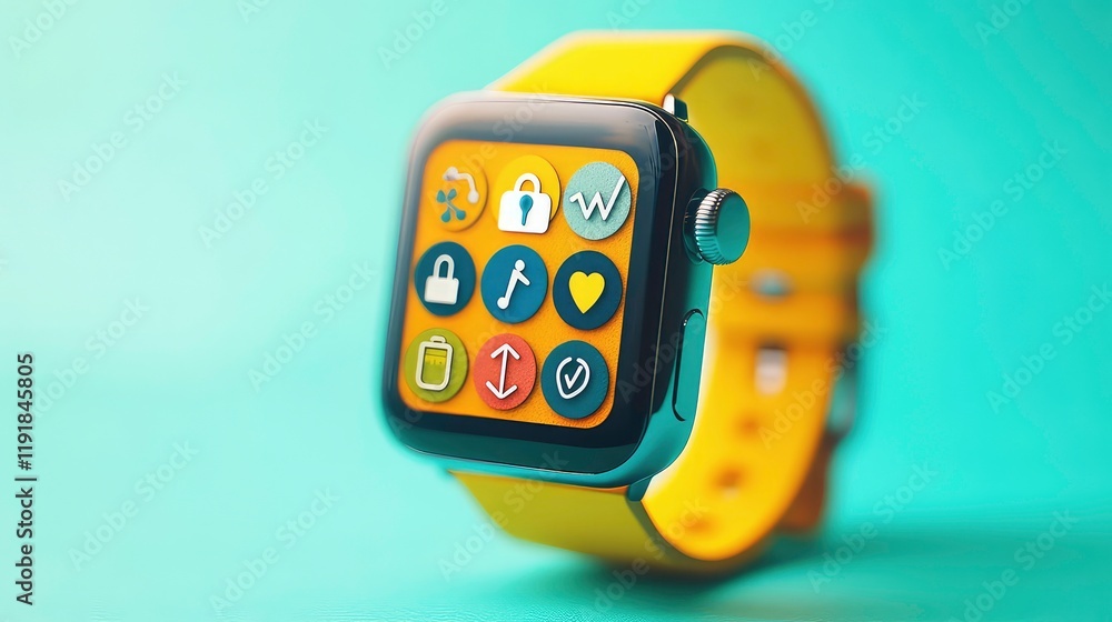Poster layered paper cut style digital of a smartwatch with various health and wellness tracking icons noti