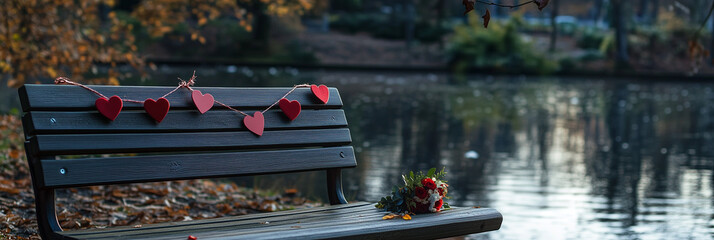 Romantic Bench with Heart Decorations by the Water