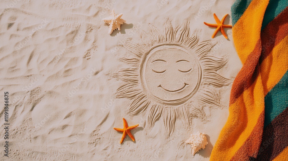 Aufkleber sun drawn in the sand of a beach with closed eyes and smiling next to a colorful beach towel and sta