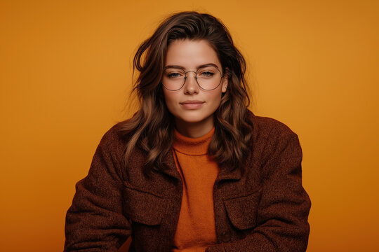 Portrait of a woman with glasses in a cozy sweater against a warm orange background