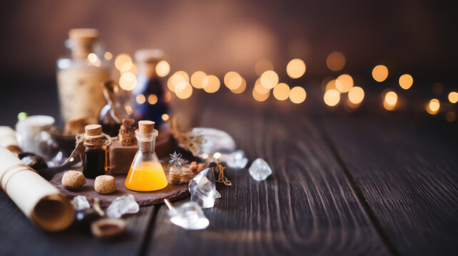 Magical Potion Bottles Crystals Fairy Lights on Dark Wood