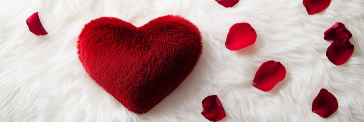 Red Heart Pillow with Rose Petals on Soft Background
