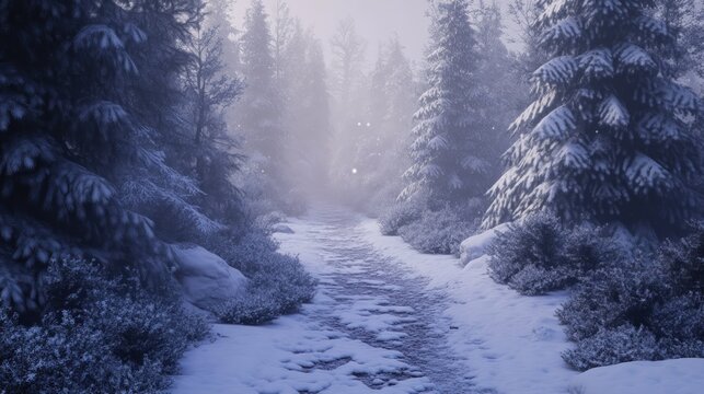 Snowy forest path on a foggy winter day with evergreen trees and snow-covered bushes - Powered by Adobe