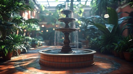 Naklejka premium Tranquil indoor fountain, lush atrium, sunlight