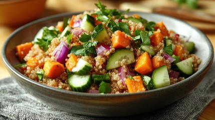Quinoa salad with sweet potato, cucumber, and red onion.