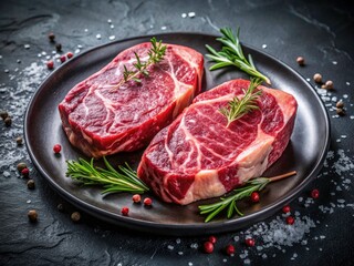 Juicy Raw Beef Steaks, Black Plate, High Depth of Field, Ready to Cook, Gourmet Food Photography