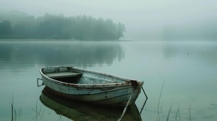 Obraz premium A solitary boat resting on a tranquil lake shrouded in morning fog.