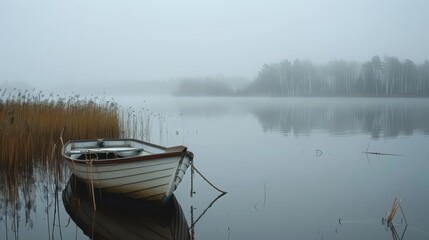 Fototapeta premium A serene boat on a foggy lake, surrounded by tall grasses and trees in the background.