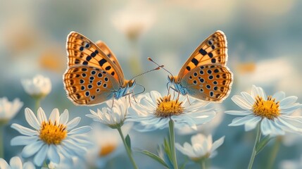 Obraz premium Two butterflies mating on daisies in meadow