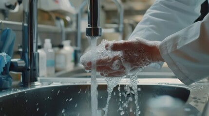 A hand washing under a faucet, emphasizing hygiene and cleanliness in a laboratory setting.