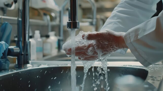 A hand washing under a faucet, emphasizing hygiene and cleanliness in a laboratory setting.
