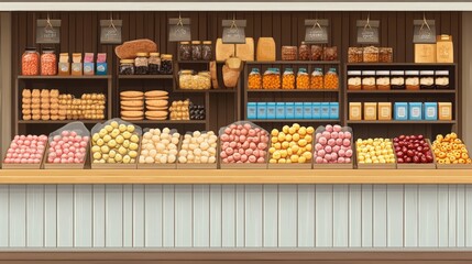 Colorful Bakery Display Featuring Assorted Pastries, Candies, and Baked Goods in a Charming Market Stall Setting Ideal for Culinary Illustrations