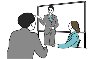 プレゼンテーションする男性とそれを聞く社員たちのイラスト