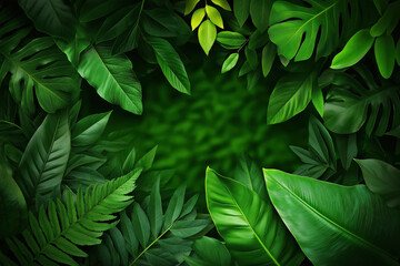 Lush green leaves create a vibrant natural frame in a tropical setting