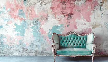 Vintage Living Room with Rustic Furniture and Colorful Distressed Wall
