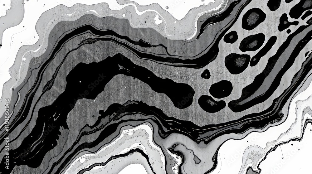 Poster abstract fluid art with black and gray layers and organic forms creating a dynamic feel