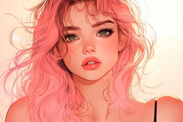 Digital art portrait of a woman with pink hair.  Beautiful and feminine.
