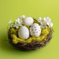 Obraz premium Decorative nest with speckled eggs and white flowers on a green background