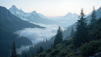 Fototapeta premium Bathed in sunset hues, an ethereal mountain range draped in pristine snow reaches towards a serene, pale-blue sky. The distant peaks glow softly as daylight fades