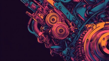 Industrial Fusion: Mechanical T-shirt Design with Engine Parts and Mining Equipment in Vibrant Hues