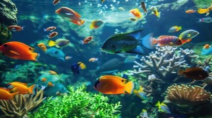 Obraz premium A vibrant underwater scene filled with colorful fish and coral.