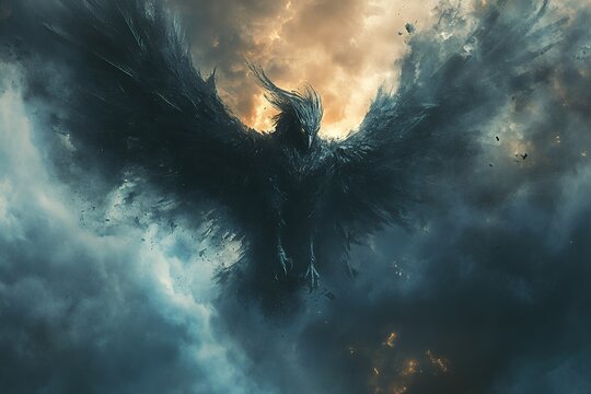 A dark fantasy illustration of a massive gryphon amidst a raging storm.  Its obsidian wings span the canvas, creating a dramatic and powerful scene.