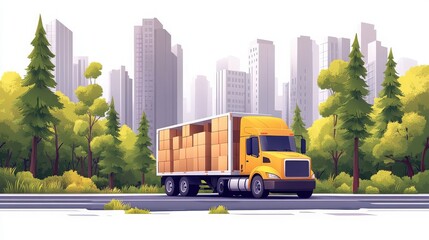 Obraz premium Vibrant Cartoon Illustration of Delivery Truck Loaded with Boxes Driving Through Lush Green Forest with Skyscrapers in the Background