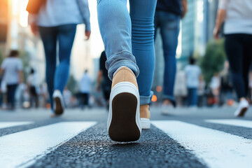 Fototapeta premium Busy city street filled with pedestrians crossing at sunset in urban setting