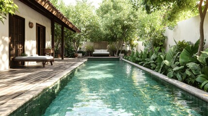 A pool scene featuring a lounge chair next to a tree under bright sunlight in a tranquil outdoor setting