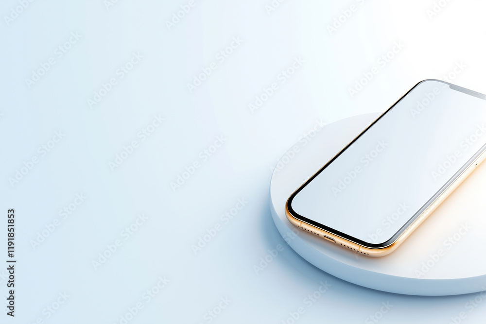 Poster sleek smartphone resting on minimalistic charging pad in bright setting