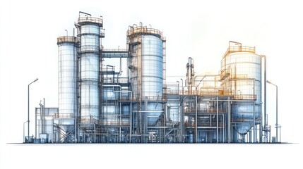 Industrial factory complex with large tanks and pipelines.