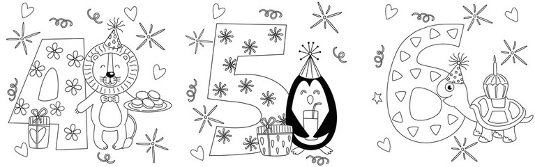 happy birthday activity number four five six. panda character. coloring pages for children that you can print on standard paper