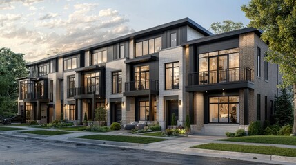 Naklejka premium A row of colorful townhouses with varying architectural styles along a residential street