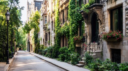 Obraz premium Street lined with colorful flowers alongside a sidewalk in an urban environment during daylight