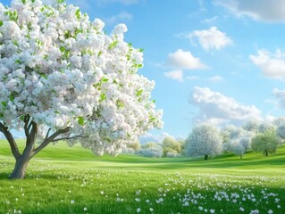 Obraz premium Blooming white trees in a serene spring landscape