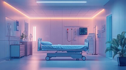 Modern hospital room with empty bed, medical equipment, and soft lighting.