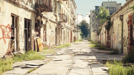 Weeds growing alongside a street with asphalt surface and sidewalk in urban environment