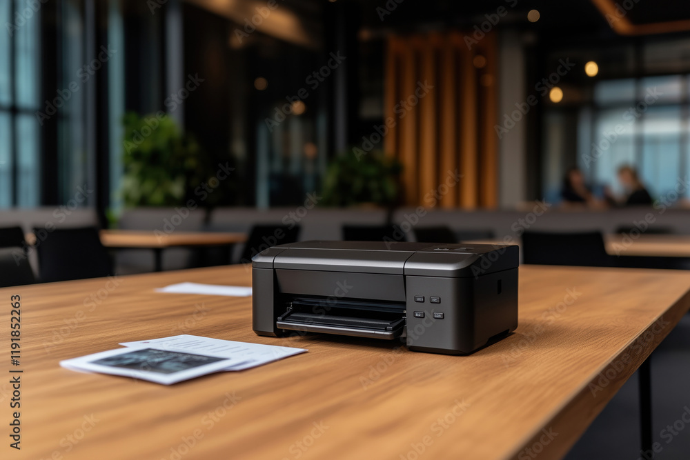 Poster office printer on wooden table with printed documents in modern workspace setting