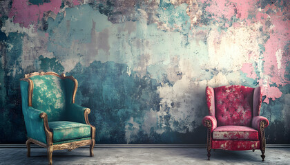 Vintage Living Room with Rustic Furniture and Colorful Distressed Wall