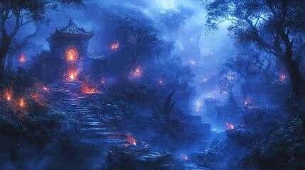 Obraz premium Enchanted Forest Scene with Mystic Temple Surrounded by Fog, Glowing Lights, and Ancient Trees, Capturing an Atmosphere of Wonder and Intrigue at Night