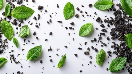 Here's a 10-word description: Fresh mint leaves scattered with loose