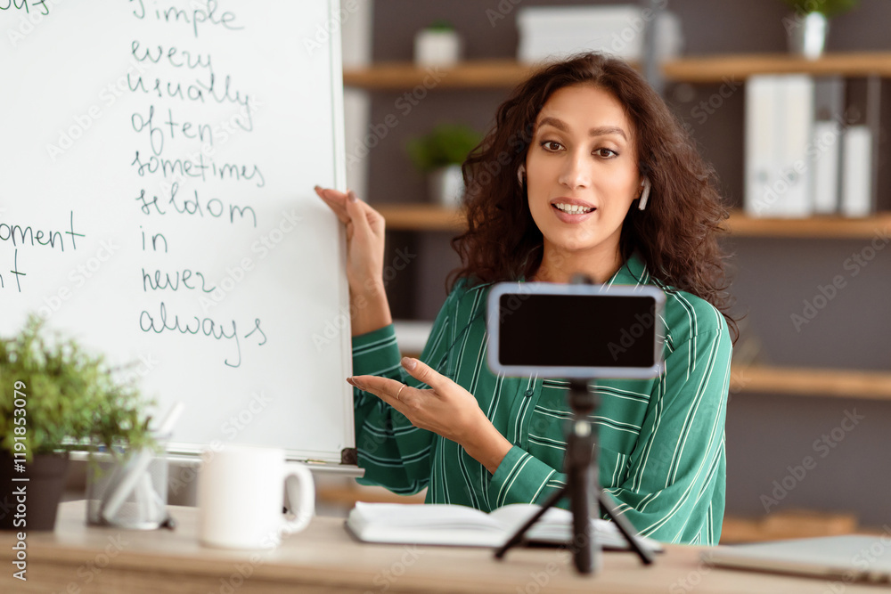 Poster remote lecture. young lady teacher explaining grammar, giving online lesson, sitting at desk, filmin