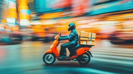 Fototapeta premium Delivery Rider Zooming Through City Lights